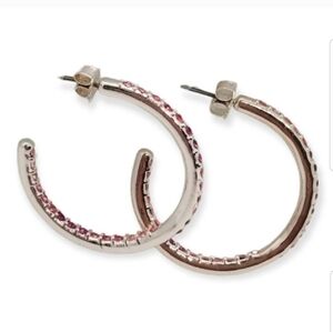 AVON "POWER OF PINK" LARGE SILVERTONE & PINK CRYSTAL HOOP EARRINGS